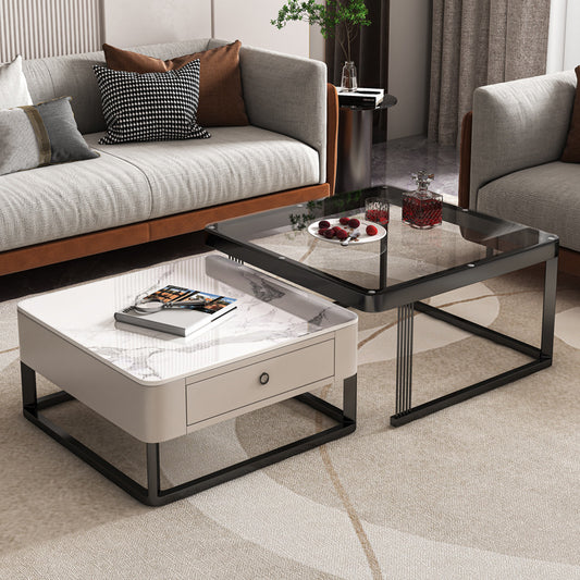 Light Luxury Rock Plate Tempered Glass Retractable Coffee Table Living Room Household Modern Simple Square Coffee Table Small Apartment Tea Table Table