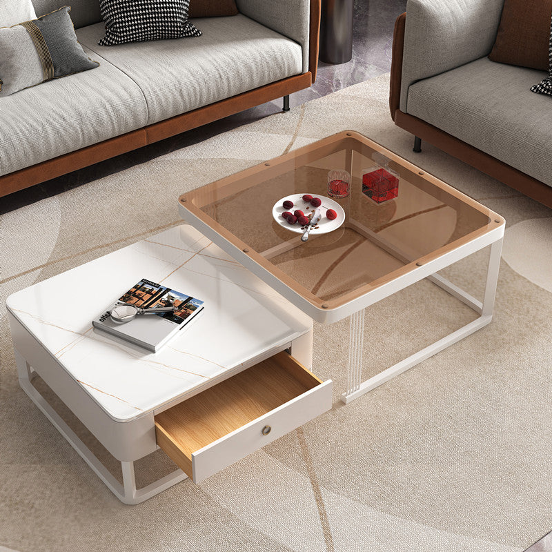 Light Luxury Rock Plate Tempered Glass Retractable Coffee Table Living Room Household Modern Simple Square Coffee Table Small Apartment Tea Table Table